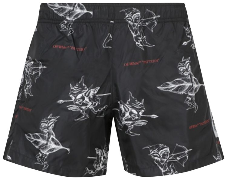 Off White Allover Elves Print Swim Shorts BlackWhite