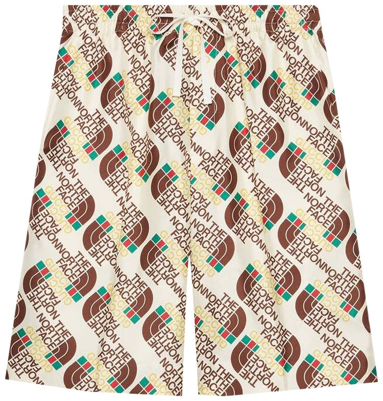 Gucci x The North Face Logo Web Print Silk Shorts IvoryBrownGreen