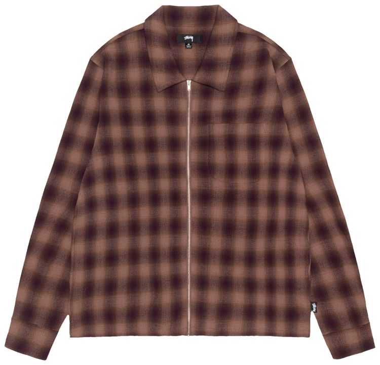 Stussy Zip Twisted Yarn Plaid Shirt Brown
