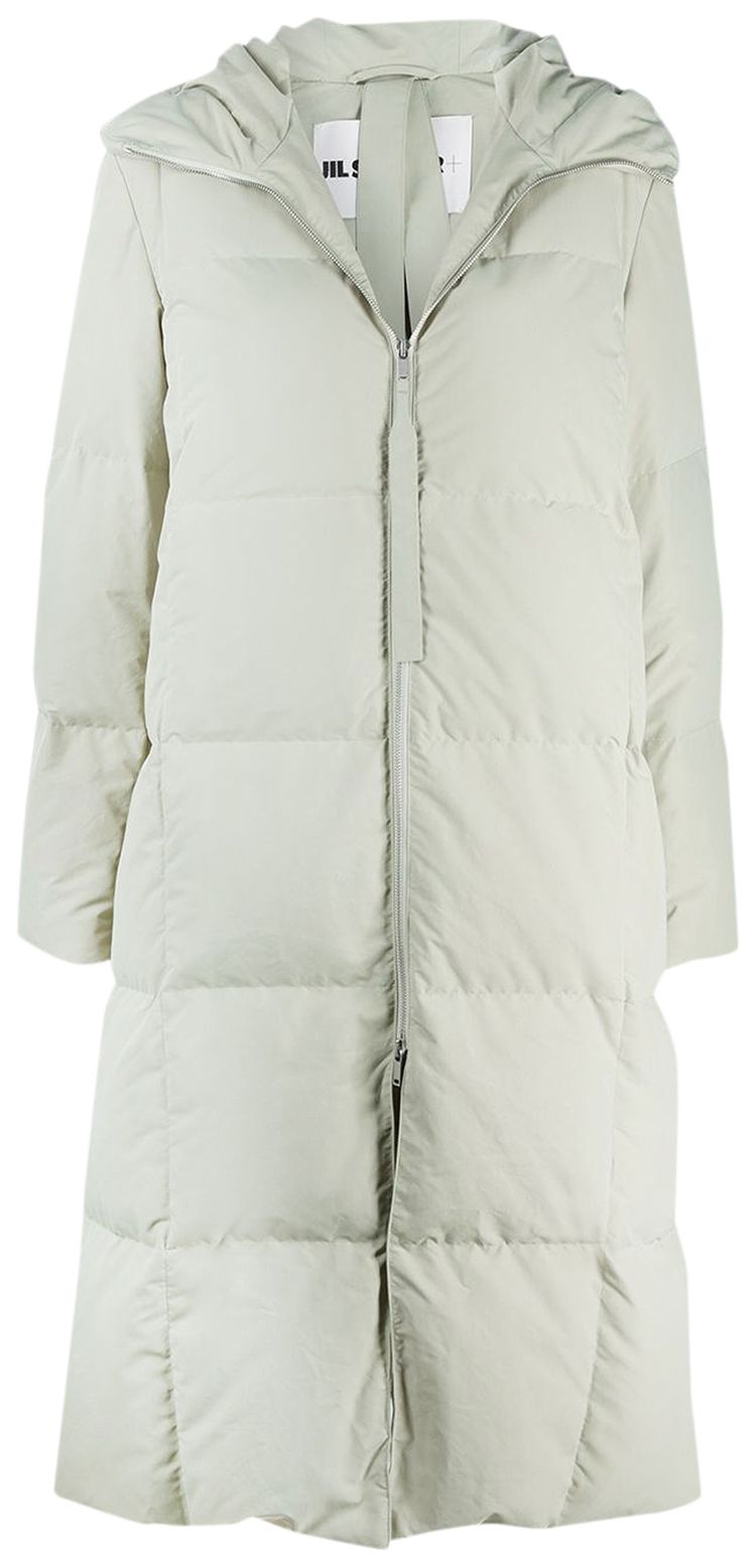 Jil Sander Long Hooded Warm Fill Down Coat Light GreyGreen