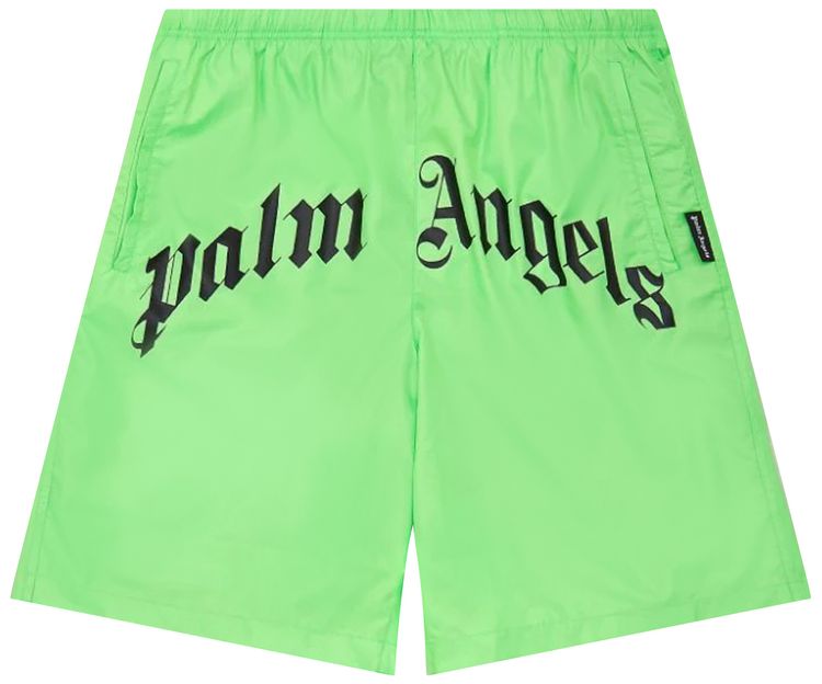 Palm Angels Logo Print Swim Shorts Green FluoBlack