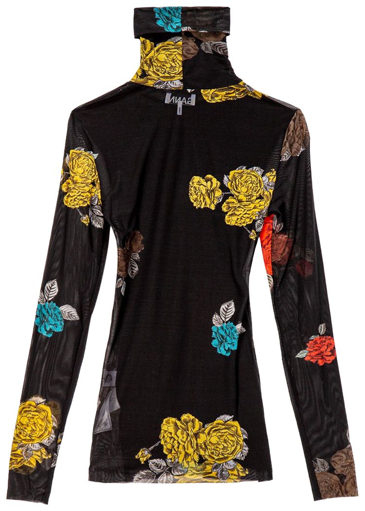 GANNI Printed Mesh Long Sleeve Black Floral