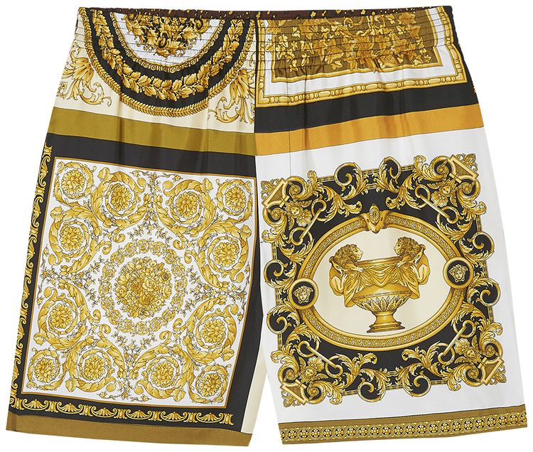 Versace Mixed Print Silk Shorts GoldBrownWhite