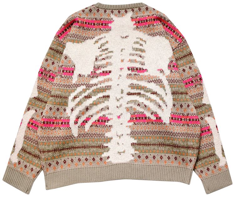 Kapital 7 Gauge Wool Fair Isle Crew Sweater Gray Beige