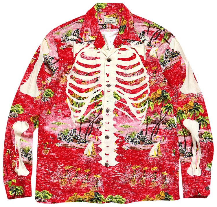 Kapital Rayon Kamehameha Skeleton Print Open Collar Shirt Red