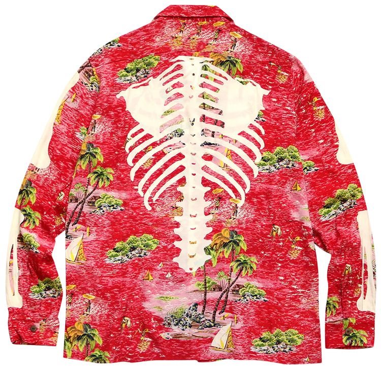 Kapital Rayon Kamehameha Skeleton Print Open Collar Shirt Red