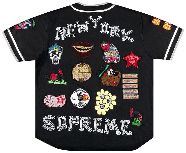 Supreme Patches Denim Baseball Jersey Black