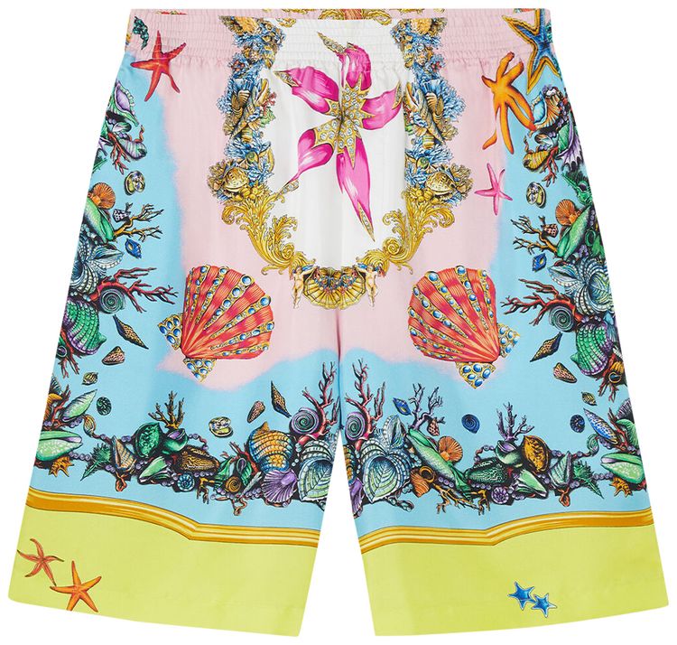 Versace Tresor De La Mer Print Silk Shorts YellowMulticolor
