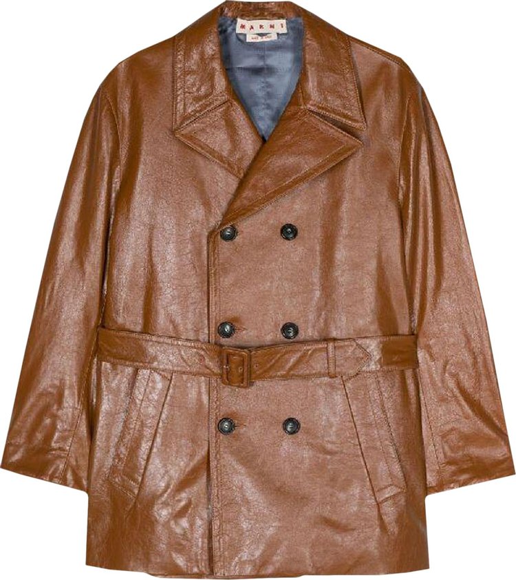 Marni Belted Double Breasted Leather Coat Cognac