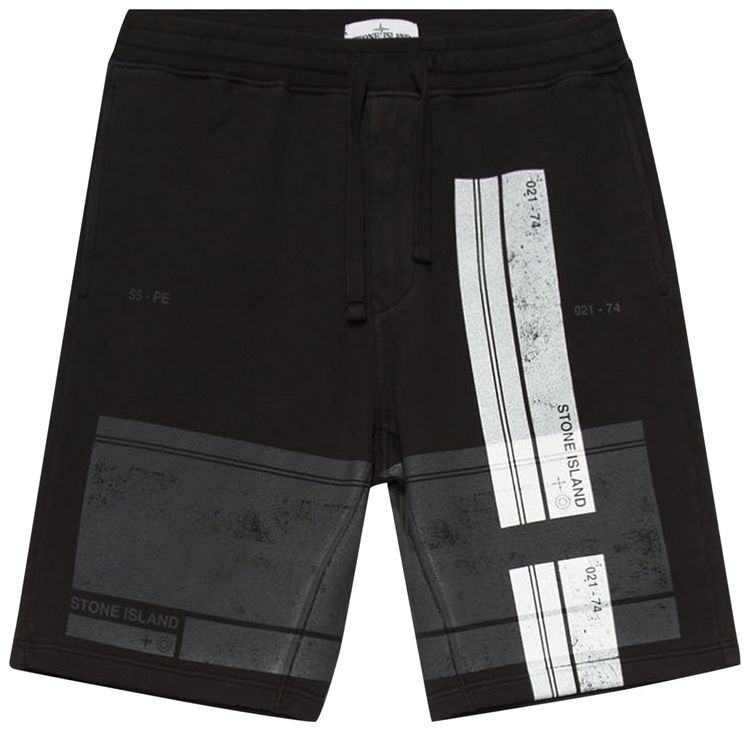 Stone Island Logo Printed Fleece Shorts Black