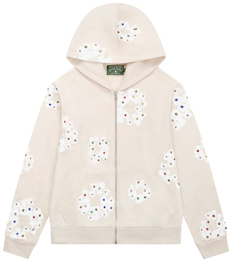 Denim Tears Rhinestone Wreath Zip Hoodie Oatmeal