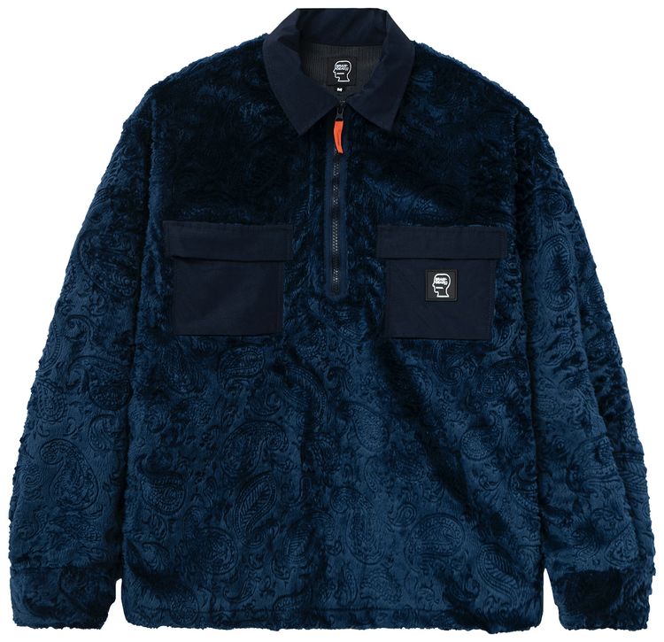 Brain Dead Debossed Paisley Zip Front Fur Half Zip Shirt Navy