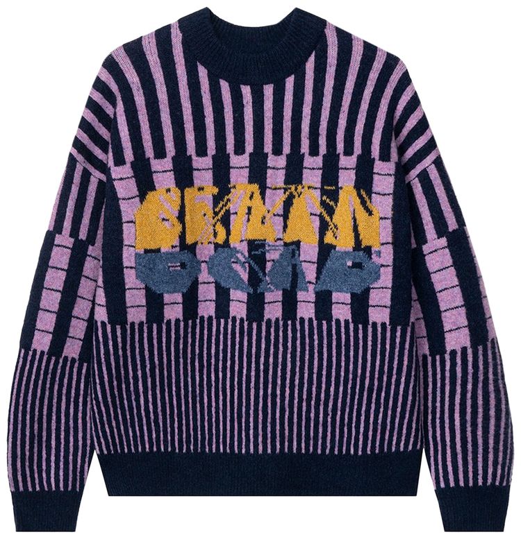 Brain Dead Varied Stripe Mock Neck Sweater Navy Multicolor