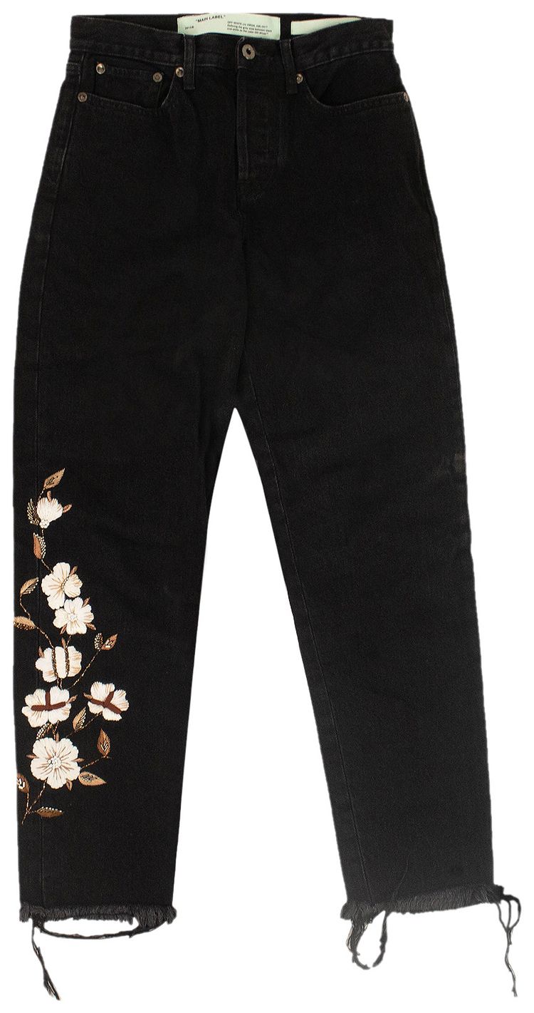 Off White Floral Applique Jeans Black