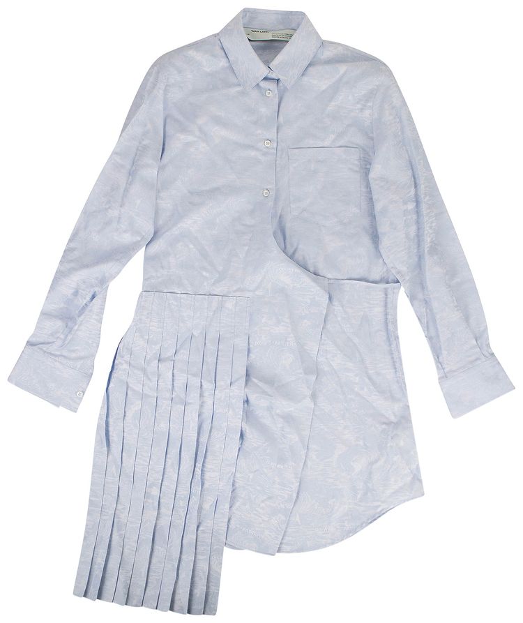 Off White Wave Print Pleated Dress Blue