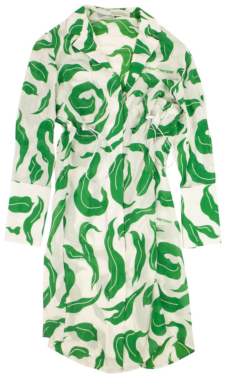Off White Leaf Print Shirt Dress White