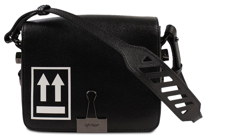 Off White Leather Flap Crossbody Shoulder Bag Black