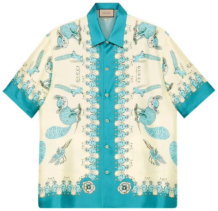 Gucci Freya Hartas Print Silk Twill Shirt IvoryDeep Turquoise