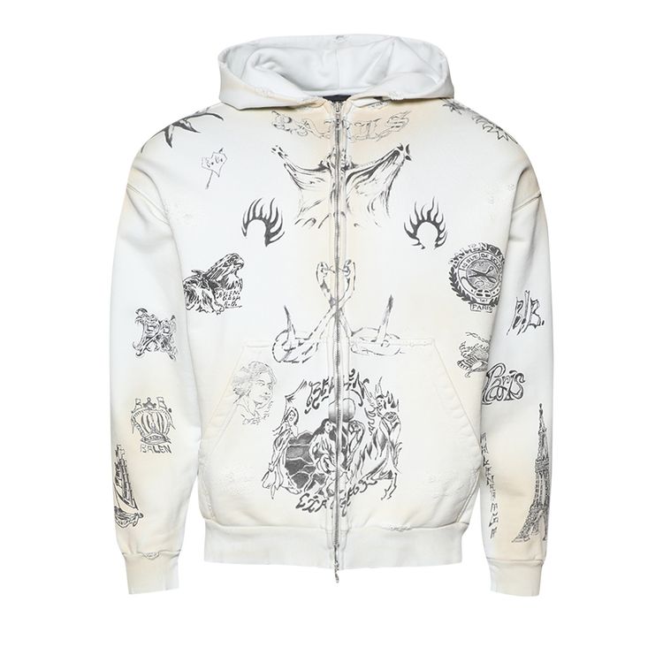 Balenciaga Medium Fit Zip Up Hoodie Off WhiteBlack