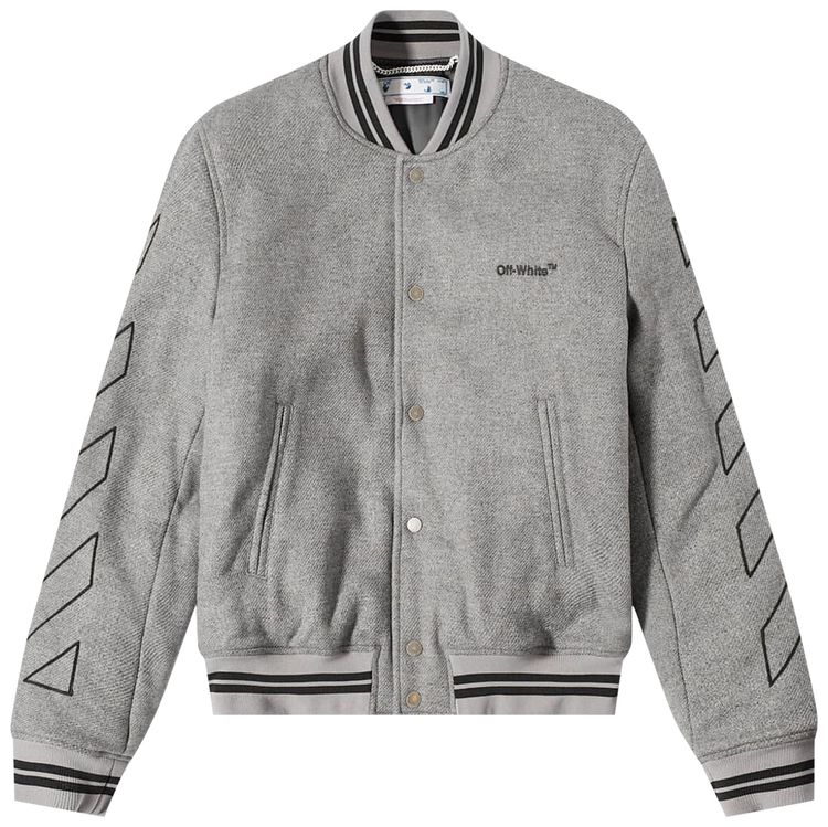 Off White Diagonal Outline Wool Varsity Jacket Grey Melange