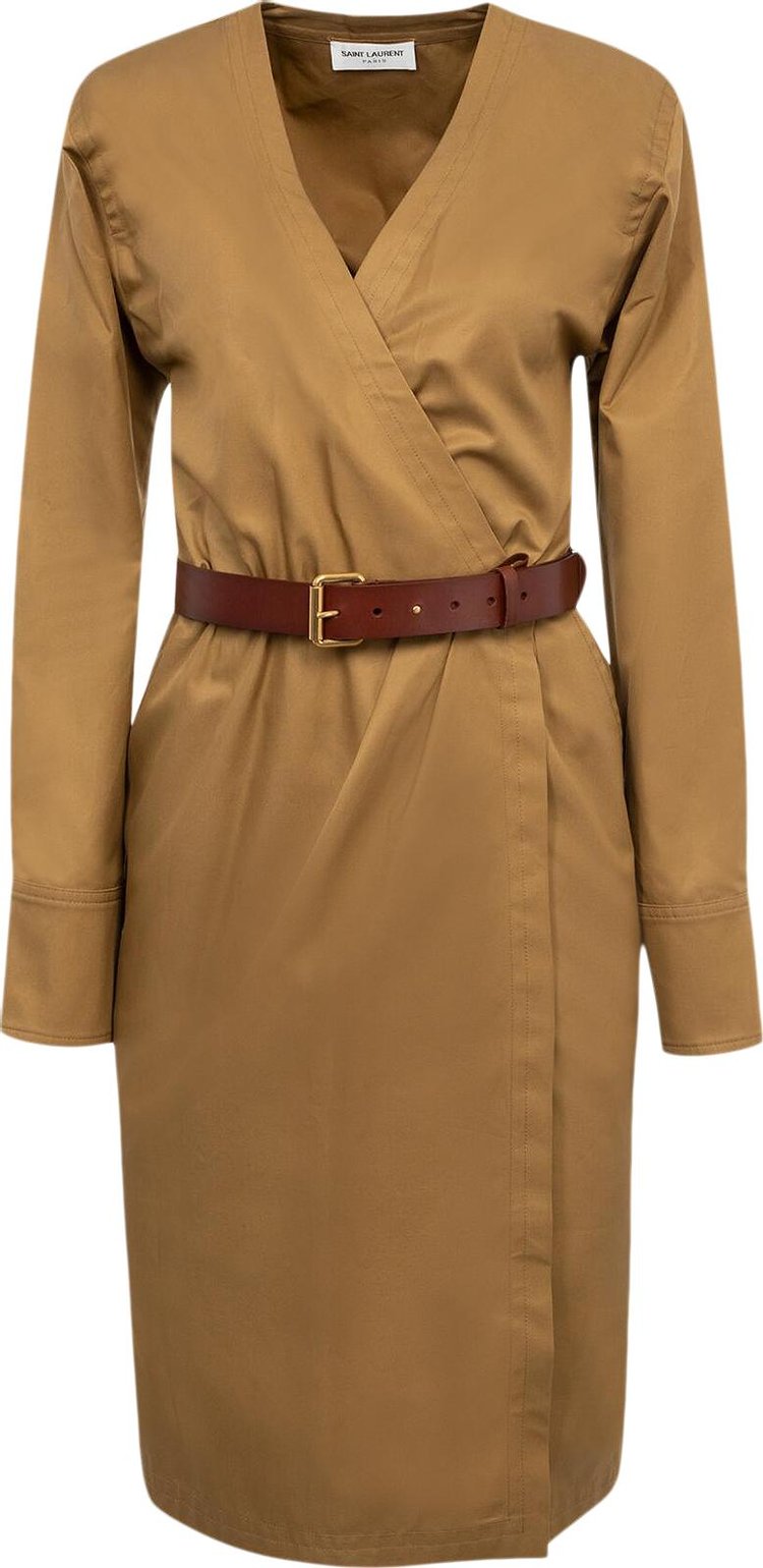 Saint Laurent V Neck Belted Dress Camel