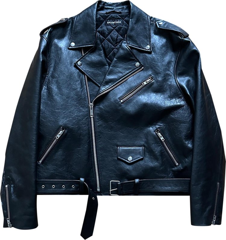 Balenciaga Campaign Logo Biker Leather Jacket Black