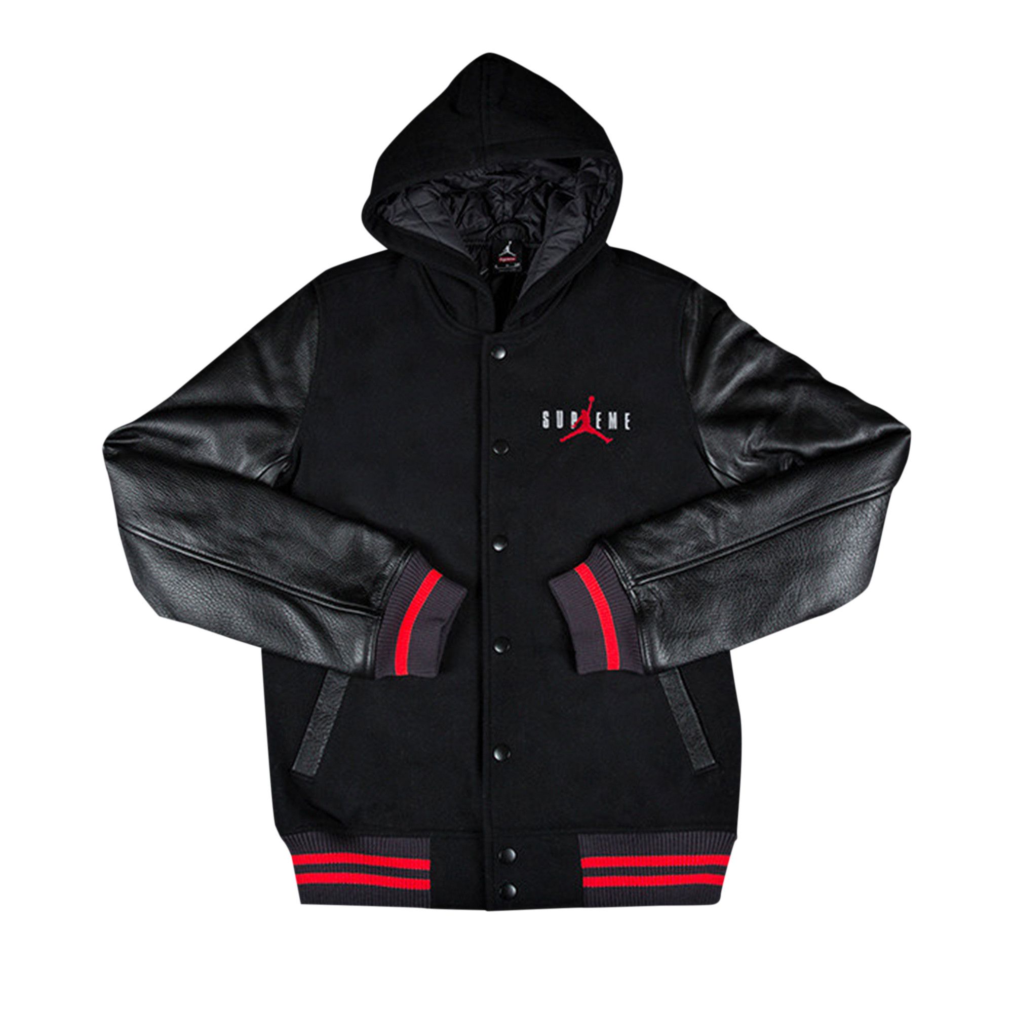 Buy Supreme x Jordan Hooded Varsity Jacket Black FW15J4 BLACK GOAT CA
