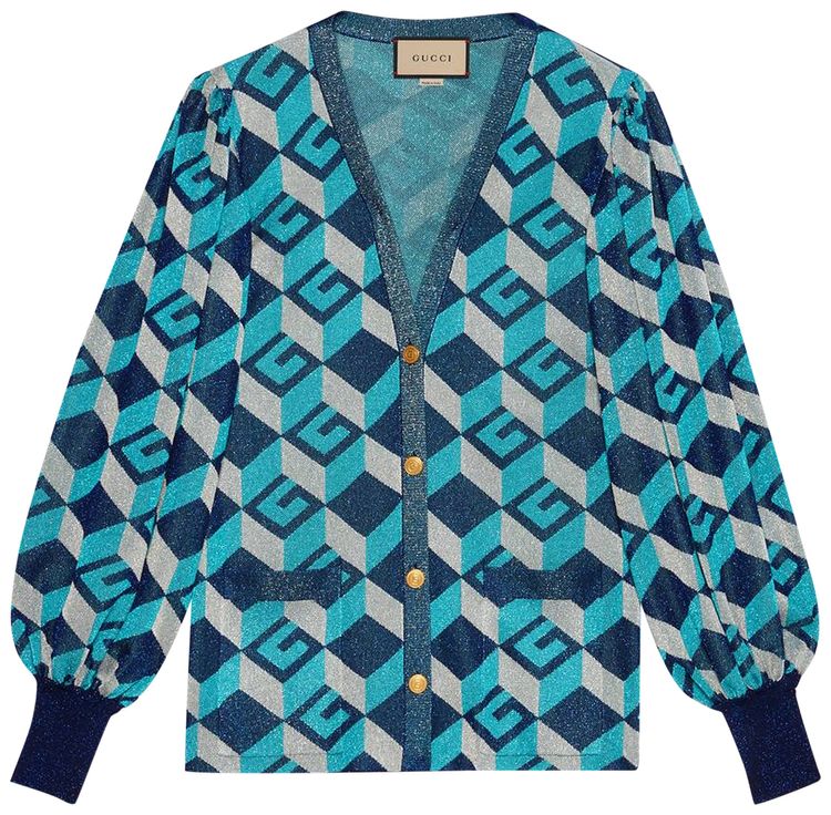 Gucci Lame Jacquard Cardigan With Geometric G Dark BlueAzureSilver