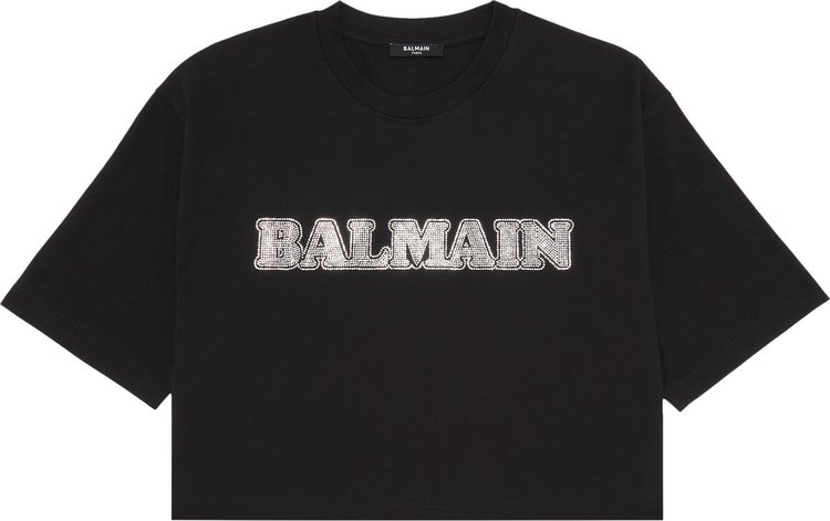 Balmain Cropped Rhinestone T Shirt BlackCrystal