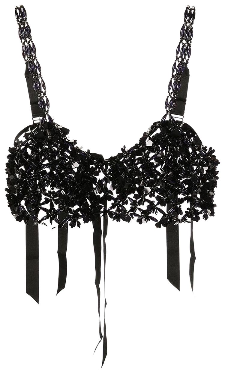 Simone Rocha Wide Beaded Bra With Grosgrain Ties Jet