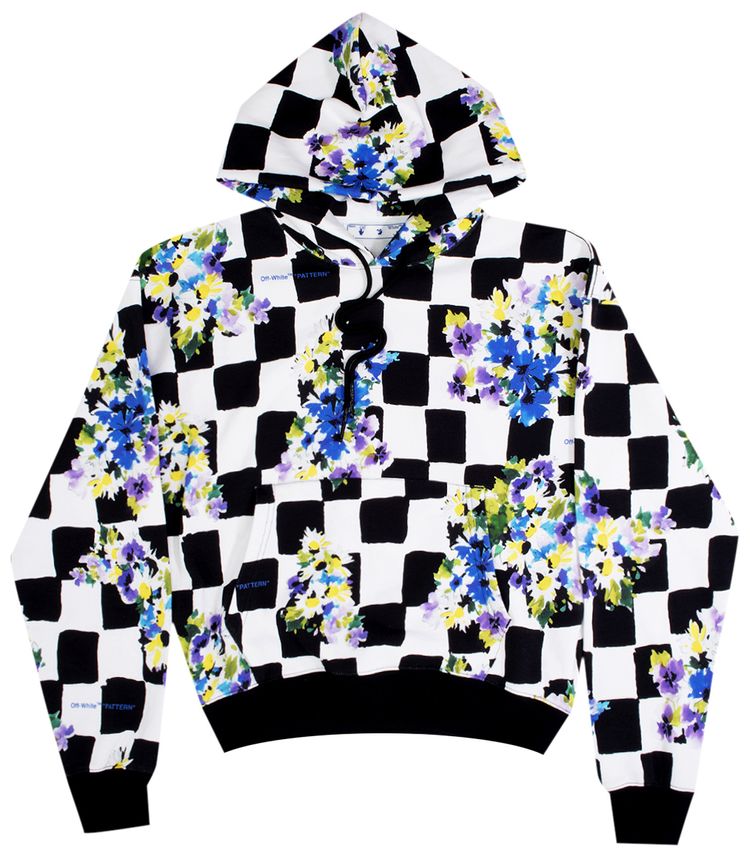 Off White Checkered Flowers Over Hoodie Multicolor