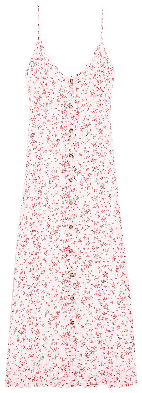 GANNI Printed Georgette Strap Dress Egret