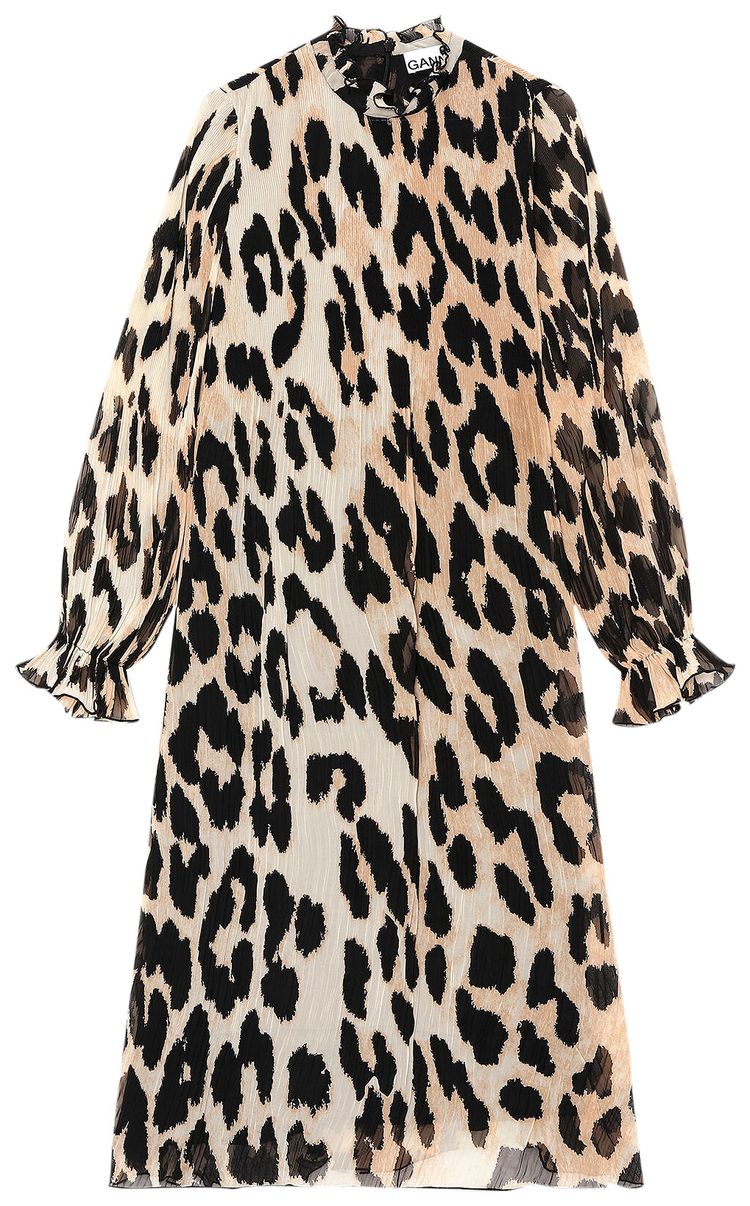 GANNI Pleated Georgette Dress Leopard