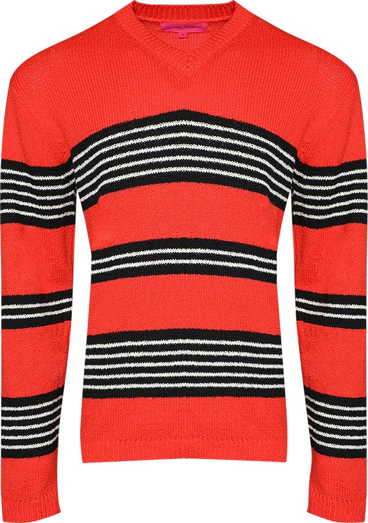 The Elder Statesman Nora Rollie Stripe V Neck Neon RedBlackNatural