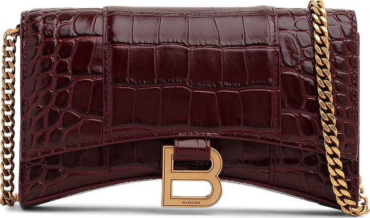 Balenciaga Crocodile Embossed Hourglass Wallet On Chain Dark Red