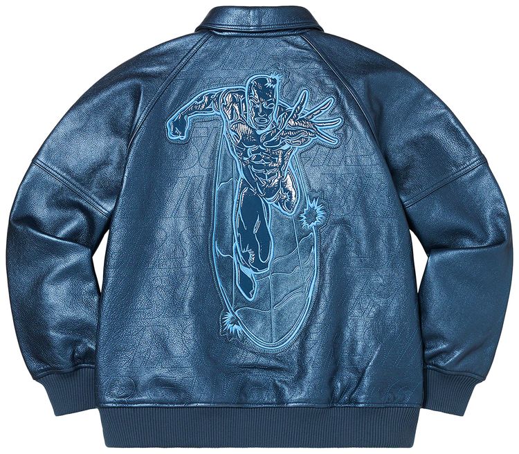 Supreme Silver Surfer Leather Varsity Jacket Blue