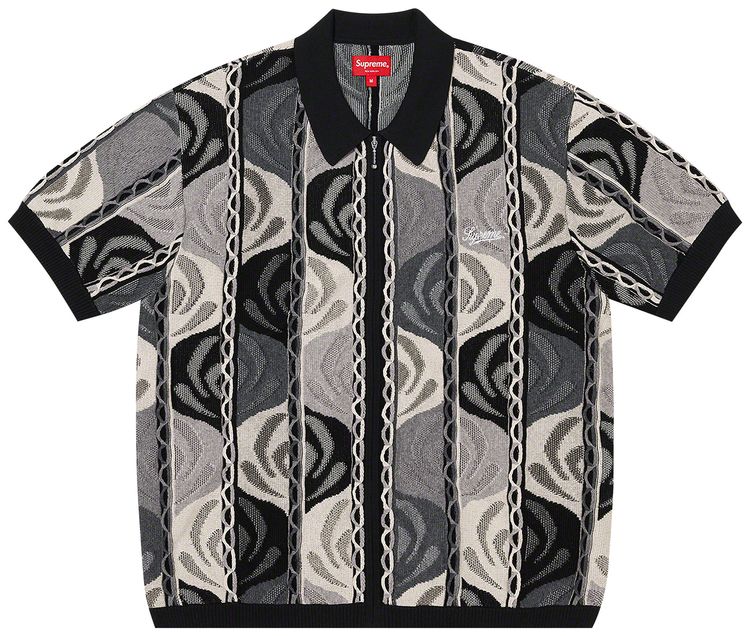 Supreme Abstract Textured Zip Up Polo Black