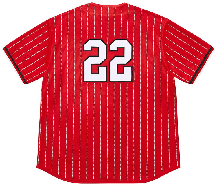 Supreme Rhinestone Stripe Baseball Jersey Red