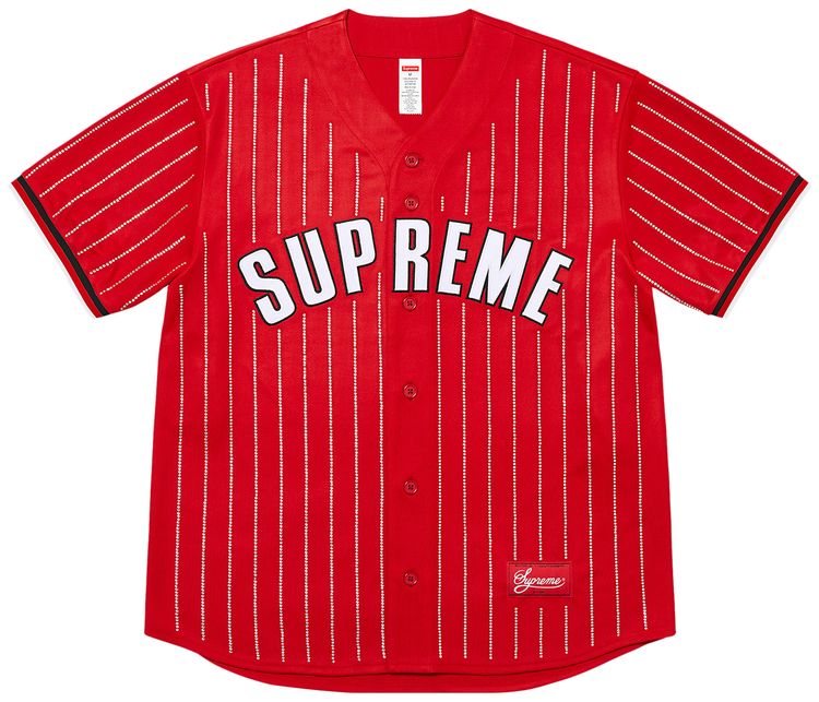Supreme Rhinestone Stripe Baseball Jersey Red