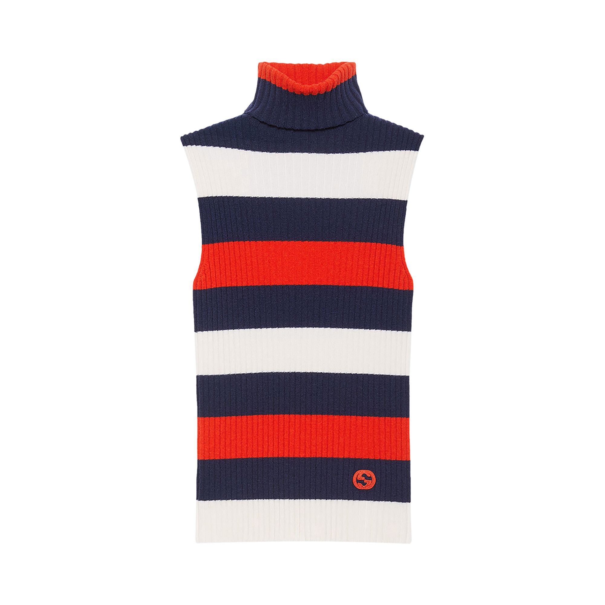 Buy Gucci Striped Rib Stitch Wool Turtleneck Top 'Ivory/Blue/Red