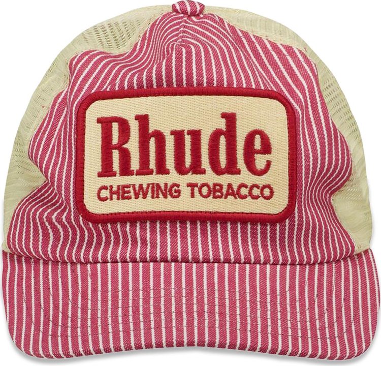 Rhude Striped Tobacco Trucker Hat RedOff White