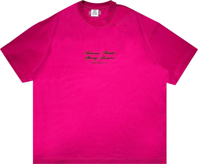 Vetements Open Shoulder 4 Seasons Embroidered T Shirt Hot Pink