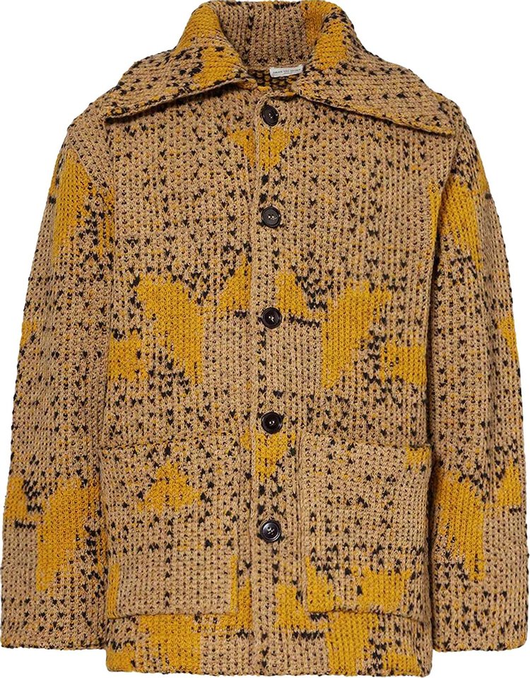 Dries Van Noten Jacquard Relaxed Fit Wool Blend Cardigan Dark Camel