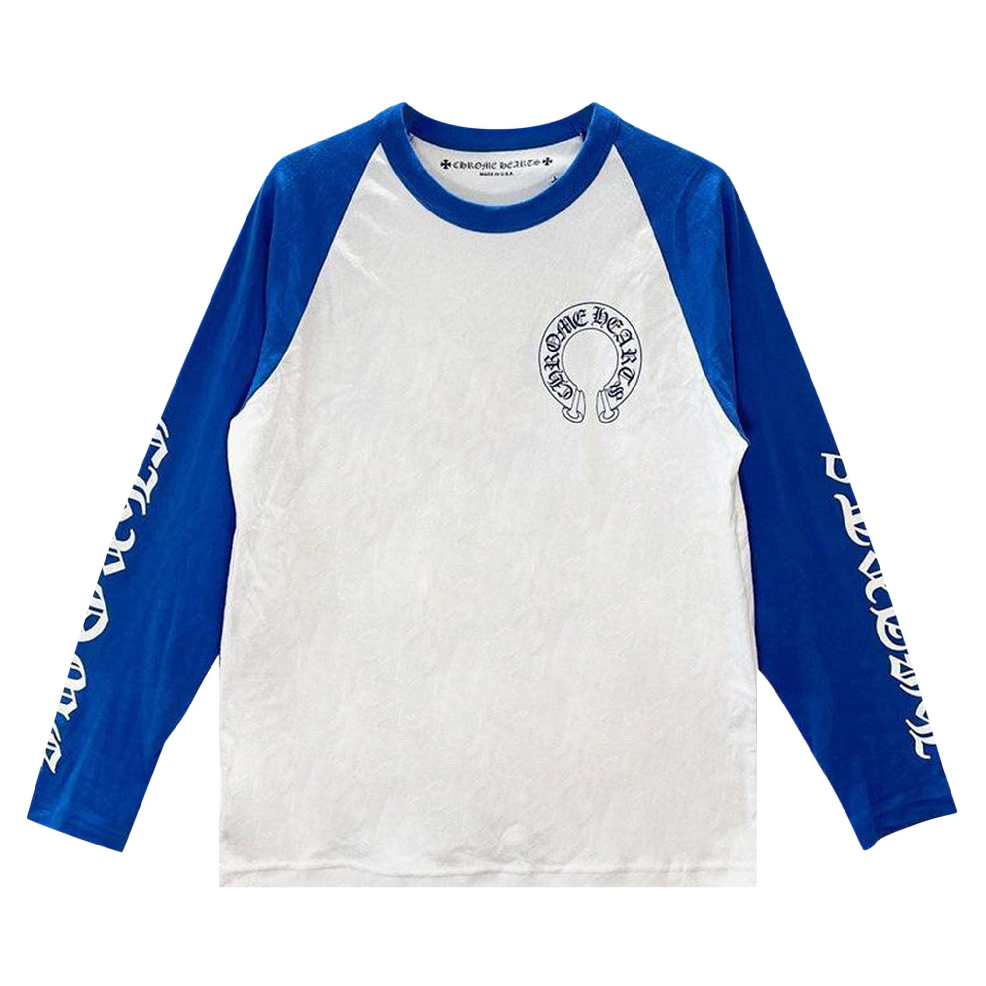 Buy Chrome Hearts Long Sleeve Horseshoe Baseball Tee White Blue 1383 100000107LSHB WHBL GOAT