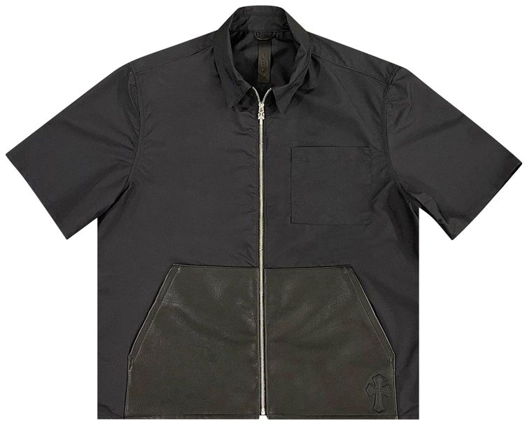 Chrome Hearts Nylon Zip Up Collar Shirt With Leather Pockets Black