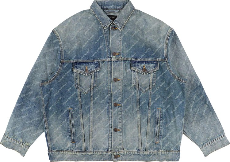 Balenciaga All Over Logo Oversized Denim Jacket Blue