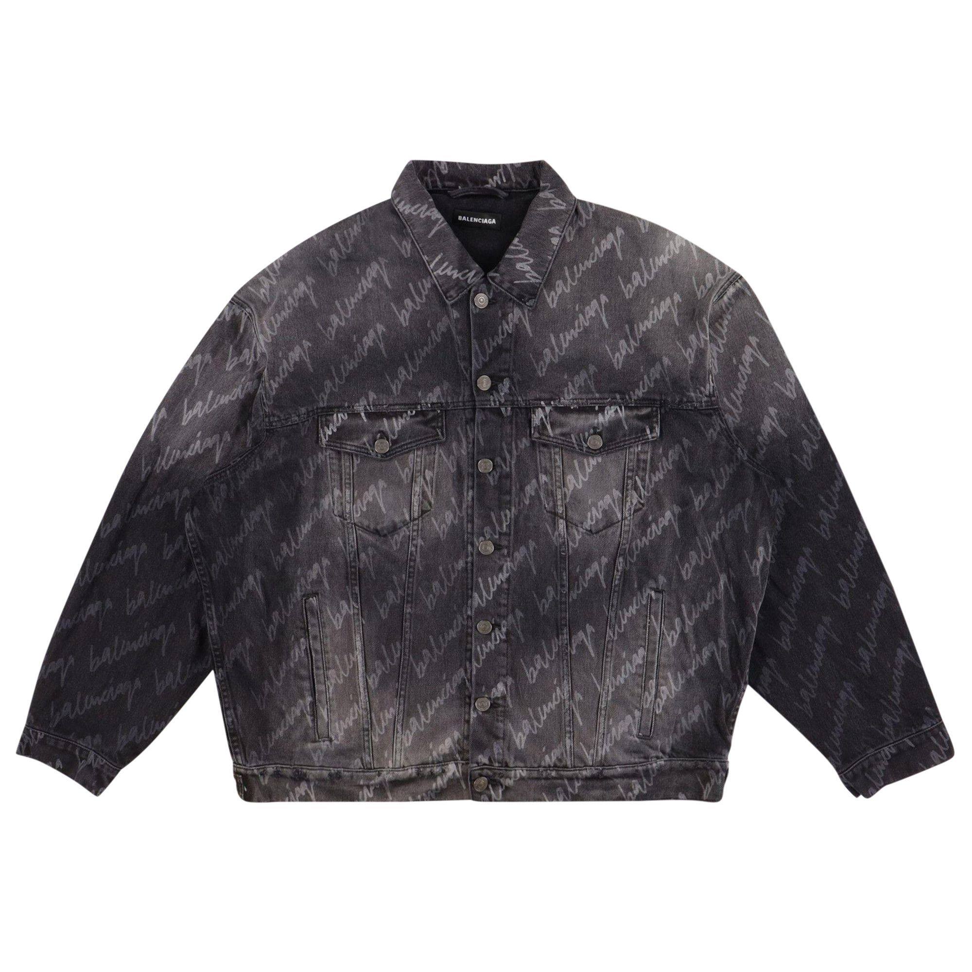 Size 2 Balenciaga All-Over Logo Oversized Denim Jacket 'Black'