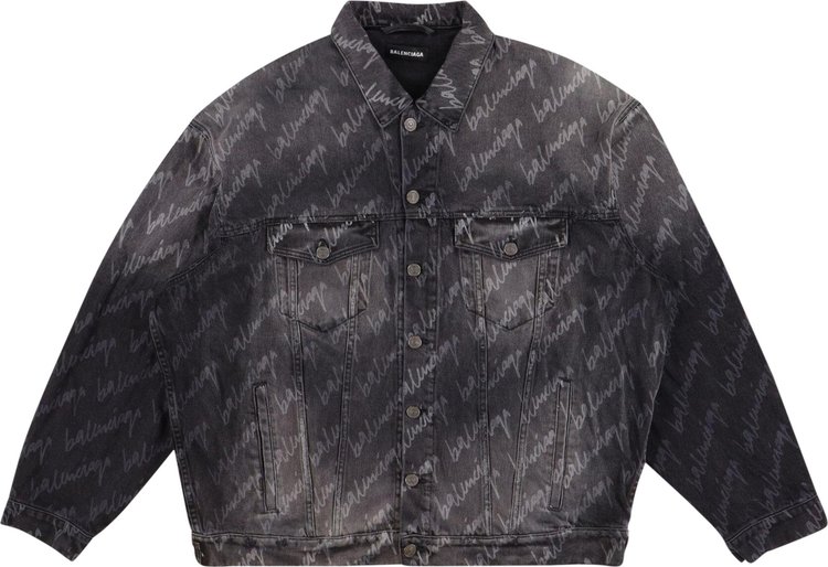 Balenciaga All Over Logo Oversized Denim Jacket Black