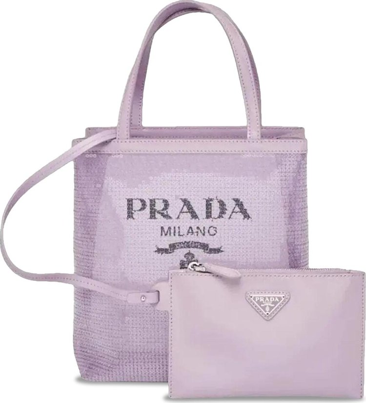 Prada Logo Mesh Tote Bag All Over Sequins With Leather Pouch Purple