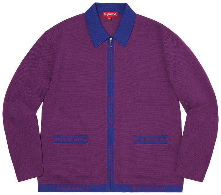 Supreme Logo Trim Zip Up Cardigan Purple